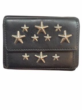 Authentic Jimmy Choo Nemo Black Leather Tri-fold wallet w/Silver Star Stud